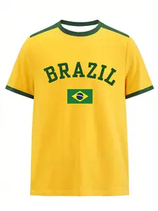 New Men's Short Sleeve Printed Brasil Football Jersey, Comfortable Breathable Sport Shirt, Soccer Shirt for Games, Training & Casual Wear, Breathable Athletic Top