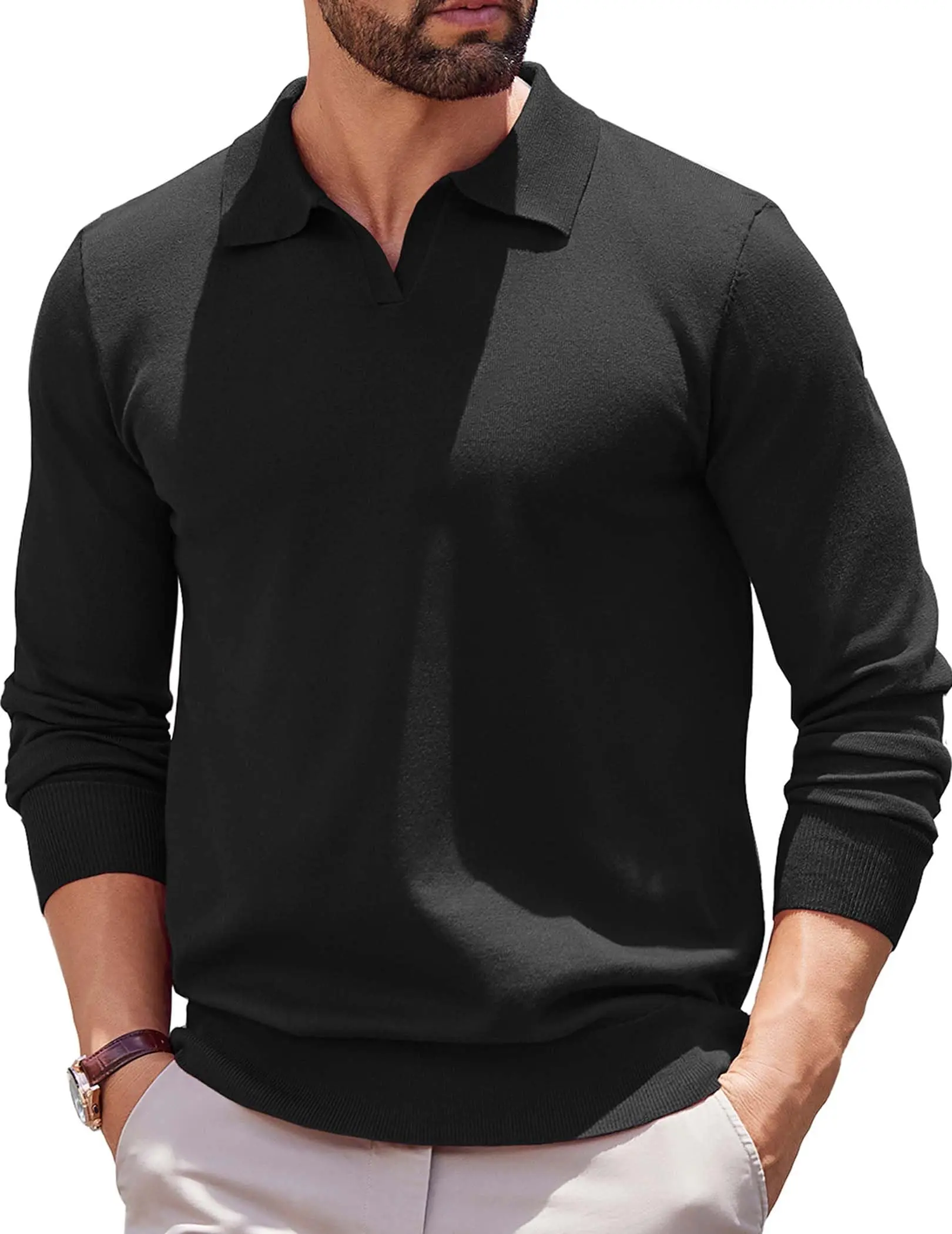 Coofandy Men's Long Sleeve Knit Polo Shirt - Lightweight Ribbed Pullover Sweater Coofandy Men's Long Sleeve Knit Polo Shirt - Lightweight Ribbed Pullover Sweater