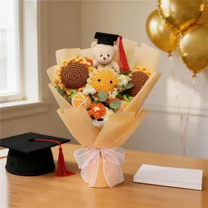 Graduation Bear Crochet Flower Bouquet Handmade Sunflower Design Arrangement, Knitted Floral Decor, Perfect for Girls and Boys Graduation Season