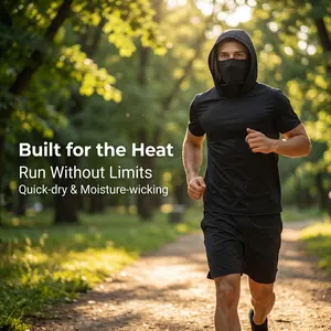 Men's Hooded Short Sleeve T-Shirt, Integrated Neck Face Cover Gaiter Ice Cool Quick Dry Breathable Pullover, Tops For Male