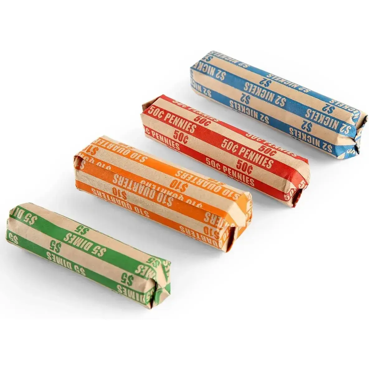 Coin Roll Wrappers - Durable Natural Storage Supplies, 100 Count, Assorted Denominations for Pennies, Nickels, Dimes, Quarters
