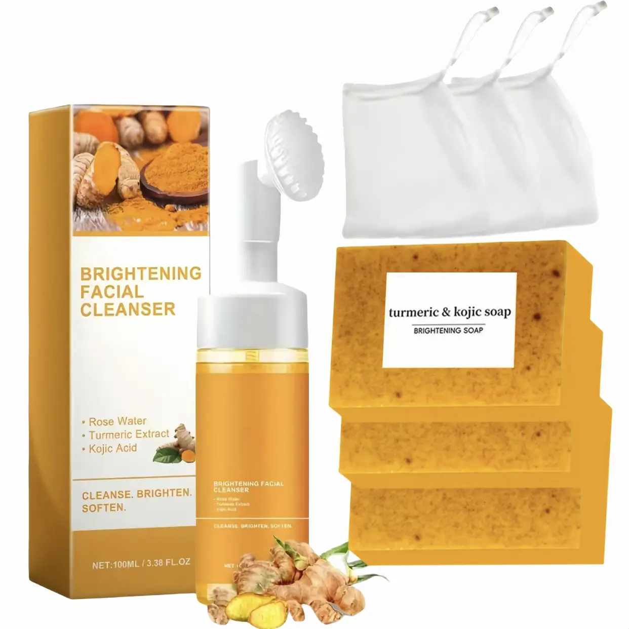 Turmeric Wash and Care Two Piece Set - Brightening Facial Cleanser with Turmeric Cleansing Mousse & Kojic Soap - Perfect Father's Day Gift Skin Repair