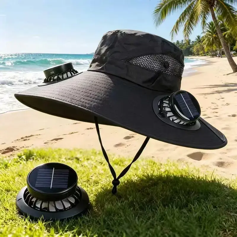 Outdoor Wide Brim Lightweight Breathable Beach Sun Hat - Solar Fan Hat with 2 Detachable Fans, Dual Power for Fishing, Hiking, Breathable Sun Hats, Beach Hat