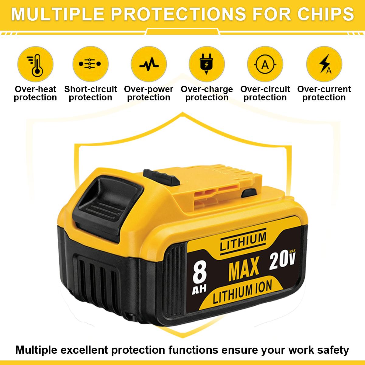 6-Pack 8.0Ah MAX XR Lithium Battery Replacement for Dewalt 20V Battery Lithium-ion DCB200DCD/DCF/DCG/DCS/DCB204/DCB203/DCB182/DCB201/DCB200/DCB180/DCB181 Series dewalt batteries