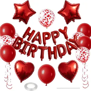 29 Pcs Light Blue Birthday Decorations, 3D Letters Red Happy Birthday Balloon Banner, Pentagram Heart Foil Balloons Confetti Balloons Kit For Boys Girls Birthday Party Supplies Balloon Set