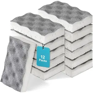 Textured Clean Sponges, Dual-Sided Non-Scratch Soft Scrub Dish Sponge, Safe for Non-Stick Cookware, Kitchen and Household Cleaning, 12 Pack [Grey & White]