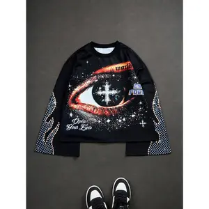Eye Graphic T Shirt Hip Hop Long Sleeve Crew Neck Oversized Fall Tee Tops Streetwear