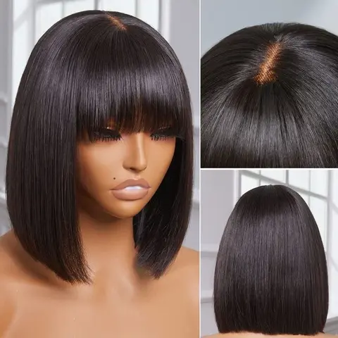 Cynosure Hair Glueless Short Straight BOB Wigs With Bangs 1x2.75 Top Lace Scalp Human Hair Wigs