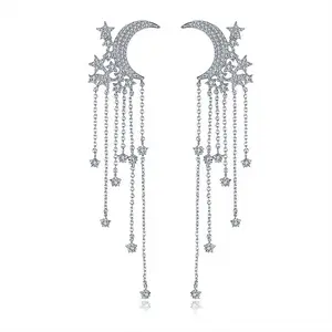 Cuafufu Moon and Stars Dangle Earrings for Women – 50.6mm Hypoallergenic with Cubic Zirconia, Celestial Crescent Moon and Starry Chain Design