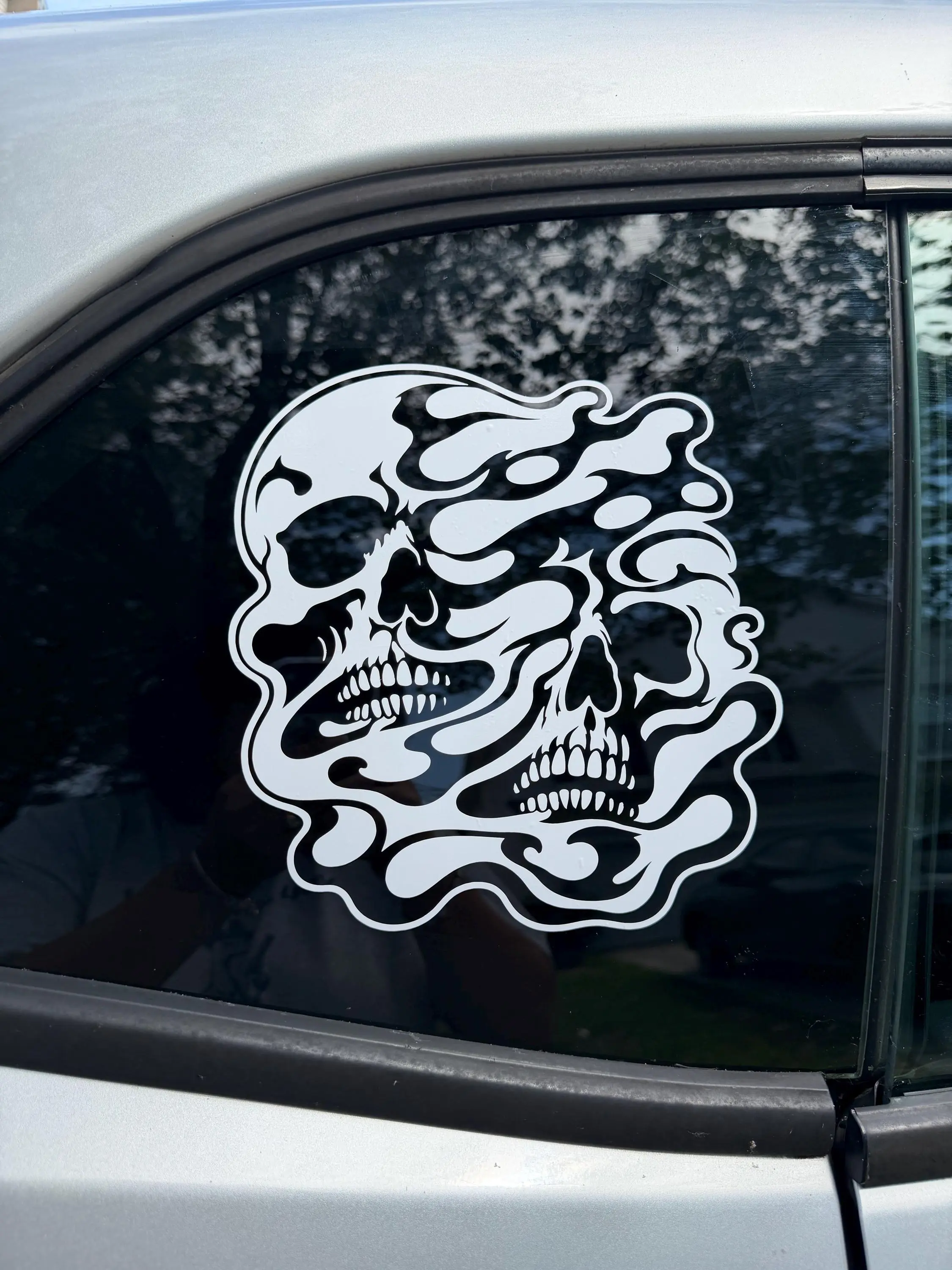 Flaming Skull Car Decal, Double Skull Vinyl Sticker, Skull Flame Window Decal, Gothic Truck Decal, Biker Car Sticker
