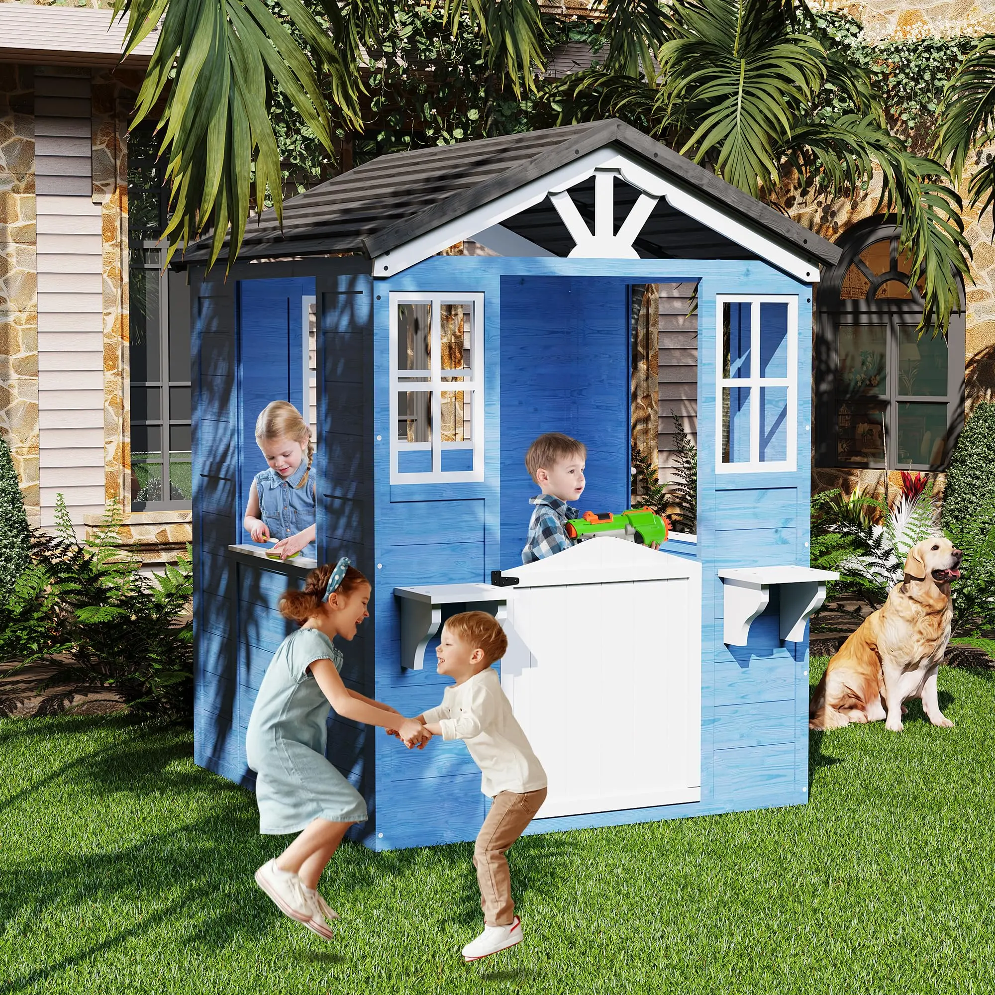 Cedar Wooden Kids Playhouse w/ Play Kitchen/ Vinyl Roof, Outdoor Wooden Adventures Cottage for Backyard