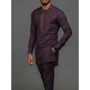 Men's Traditional Dashiki & Pants Set Long Sleeved Button Shirt Round Neck Embroidery Shoulder Zipper Pockets Hem Split Elastic Waist Street Style Party Wedding Wear Maroon Clothes