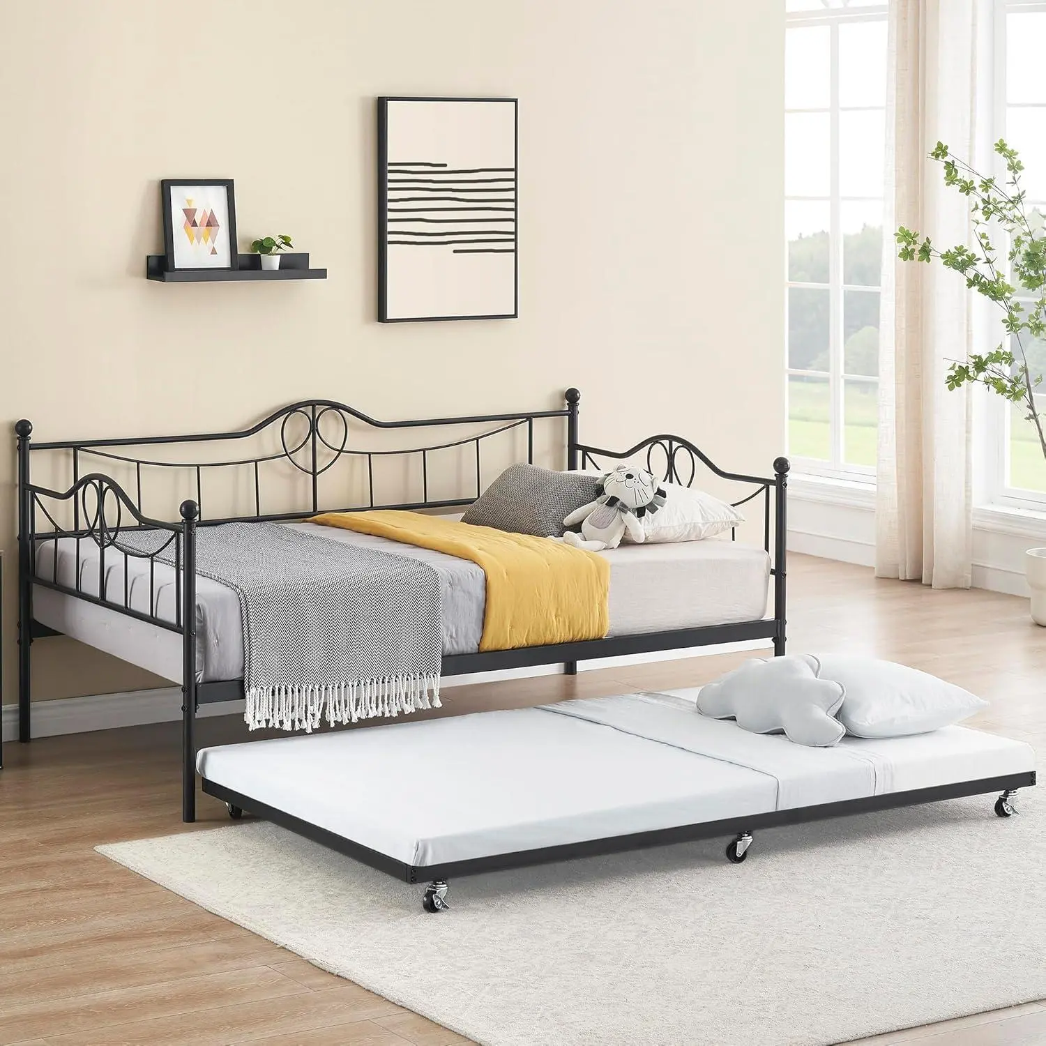 Gaomon Twin Size Metal Frame Daybed with Pull-Out Trundle, Steel Slats Support, Quick Setup, 2 Beds, Modern Design, No Box Spring Needed, Black for Kids Room, Living Room, Two Beds