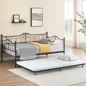 Twin Daybed with Trundle Metal Day Bed Twin Size with Steel Slat Support Modern Pull Out Day Bed Frame for Kids Room Living Room Guest Room No Box Spring Needed Black