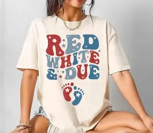 Red White And Due American 4th Of July Pregnancy Announcement Tshirt For Mom To Be, Graphic Casual Unisex Cotton Tee, Apparel Made In The USA