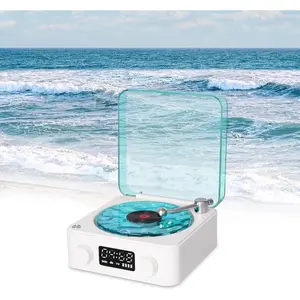 Vintage Vinyl Record Player with Bluetooth 5.0, 4 Playback Modes, Ambient Light, FM Radio Input, TF Card Slot, Compact Portable Speaker for Bedroom, Party (White)
