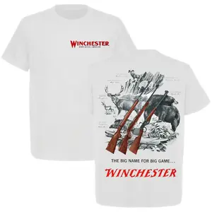 Winchester Big Game Graphic T-Shirt, Classic White Tee with Wildlife Sketch & Rifle Illustration, Vintage Outdoor Apparel for Men, Heritage Style for American Hunting Fans