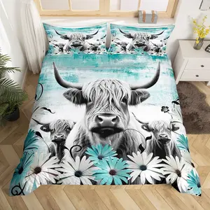 Feelyou Breathable Duvet Cover Set - King Size, Full Size, Teal Highland Cow Longhorn Cattle Daisy Print, Western Farmhouse Rustic Bedding, Corner Ties, Efficient, Bedtime Fun, Matches Home Decor, No Comforter, Do Not Bleach