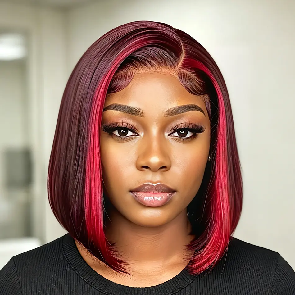 Glueless Short Bob Wig 99j Burgundy With Red Hair Wear And Go 100% Human hair Highlight Wig 13x4 HD Lace Front Wig Super Double Drawn Bone Straight Lace Frontal Wig Colored Human Hair Wigs For Women Pre Plucked 180% Density