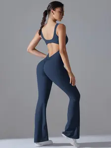 Women's Solid Cut Out Backless Square Neck Sports Tank Jumpsuit, Sporty Sleeveless Bell Bottom Jumpsuit for Yoga Gym Workout, Ladies Sportswear for All Seasons, All Season Activewear, Gym Workout Clothes