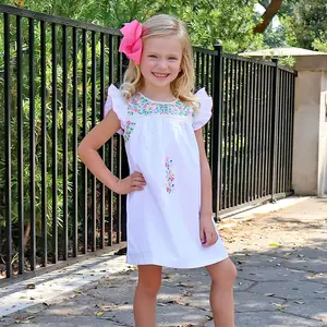 Fiesta Colorful Embroidered Dress - Girls White Mexican Dress with Bright Stitching