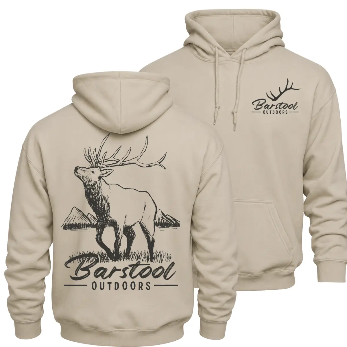 Barstool Outdoors Elk Hunting Hoodie, Bull Elk Mountain Graphic Pullover, Front Chest Logo and Large Back Print Hunter Apparel, Vintage Western Outdoor Sportsman Fall Winter Hunting Gift for Men and Women