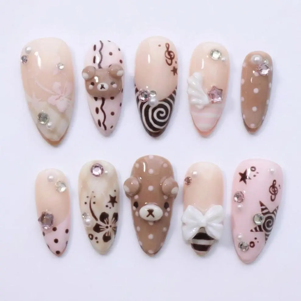 Mismatched Kawaii Chocolate Bear Press on Nails with 3D Bow & Pearl | Fake Nails in Almond | Pink Coquette Dessert Art