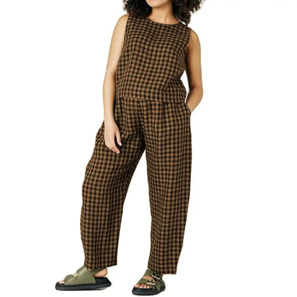 Womens 2 Piece Lounge Outfits Sleeveless Tank Tops Plaid Print Wide Leg Pants Set Summer Loungwear Casual Pajama cute pajama sets loungeset Matching Elegant