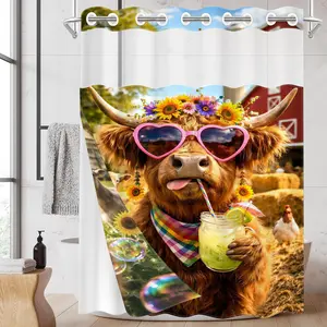 1PC Double Layer No Hooks Shower Curtain, Highland Cow with Sunglasses & Flower Crown Print, Fun Farmhouse Bathroom Decor, Detachable Buckle Liner for Home Hotel, 71×74 Inch