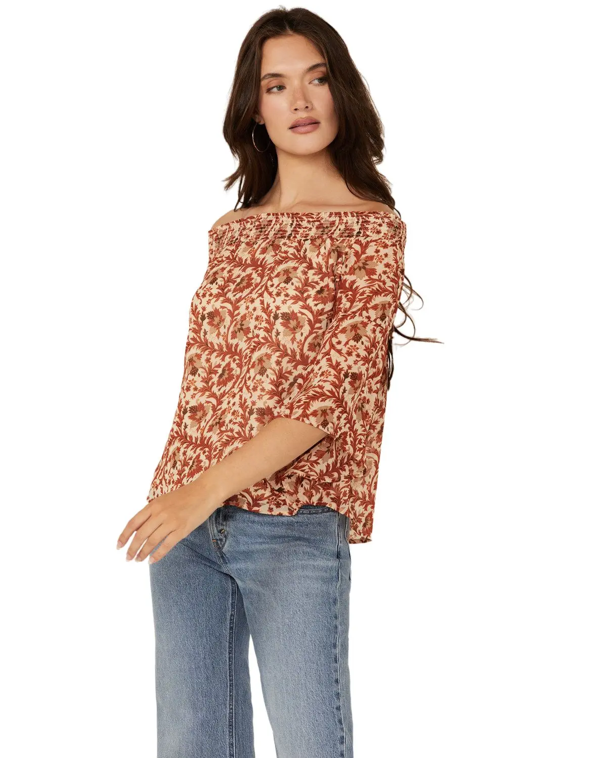 Shyanne Women's Women'S Floral Print Off The Shoulder Long Sleeve Blouse - Swfa24w42-Tup