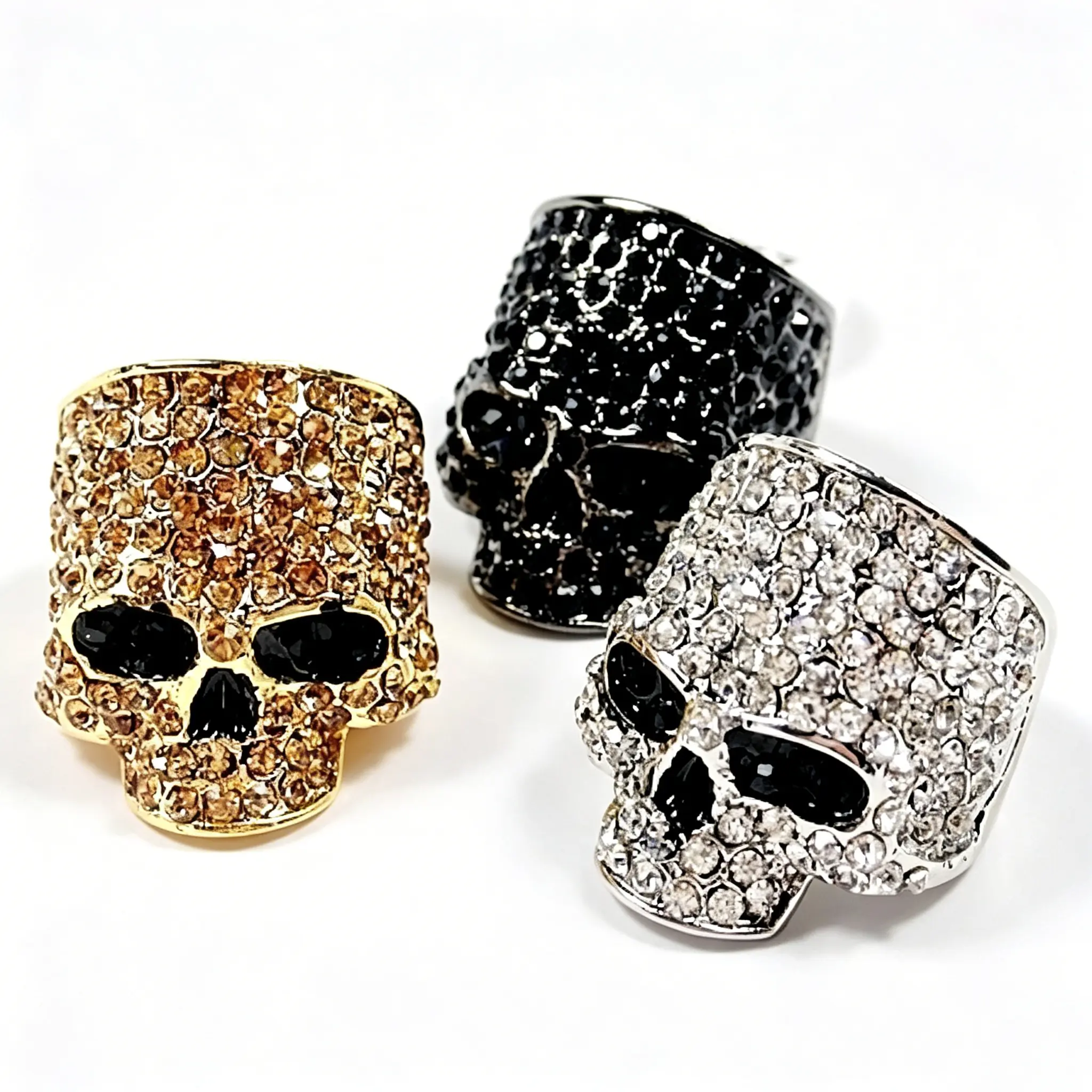 3 Tone Pave Crystal Skull Ring, Bold Gothic Statement Band, Punk Jewelry in Gold/Black/Silver for Halloween & Streetwear