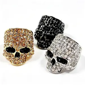 3 Tone Pave Crystal Skull Ring, Bold Gothic Statement Band, Punk Jewelry in Gold/Black/Silver for Halloween & Streetwear