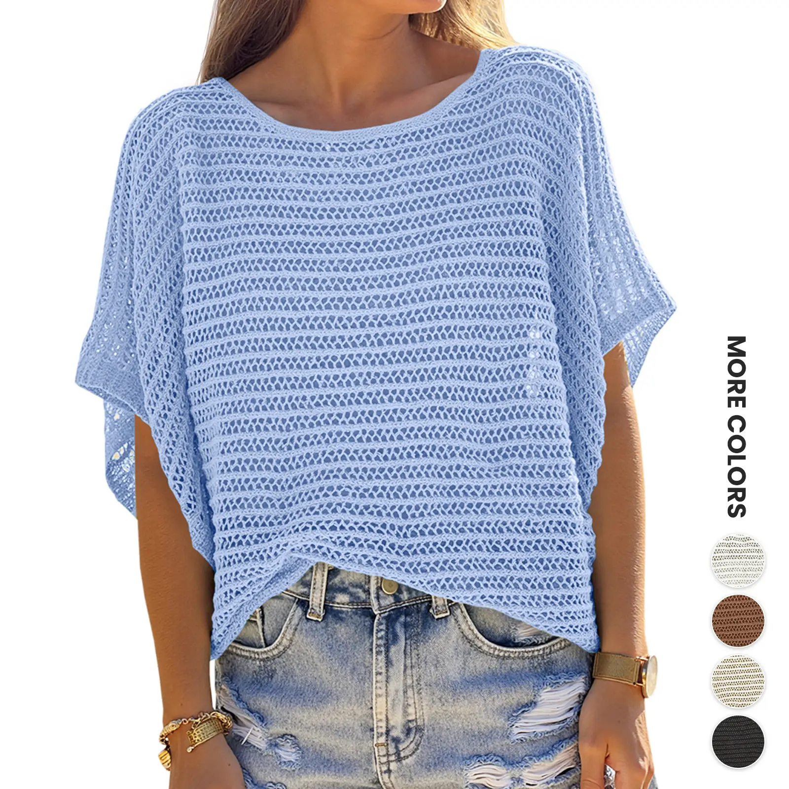Wodubu Women's Crochet Tops Summer, Crochet Cover Up Top Short Sleeve Sweater, Loose Hollow Out Knit Pullover Tshirts, Women Beach Swimsuit Coverup