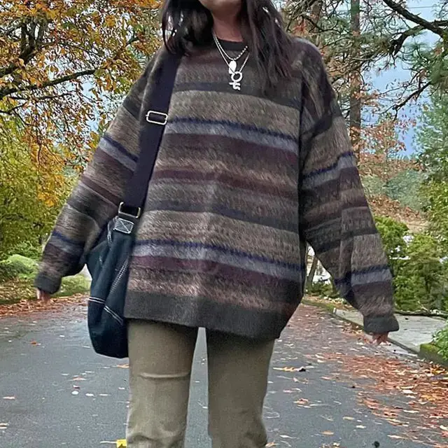 Preppy Grunge Retro Striped Knitted Sweater for Autumn