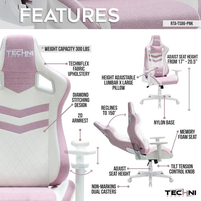 Techni Sport Ergonomic Pastel Gaming Chair, Video Gaming Desk Chair, Office Chair Pink/Mint/Blue