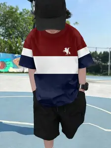 Summer Casual Fashion Round Neck Short Sleeve T-Shirt, Children Outdoor Clothing, All-Season Bestseller, Slim-Fitting Geometric Pattern, Casual Graphic Shirt
