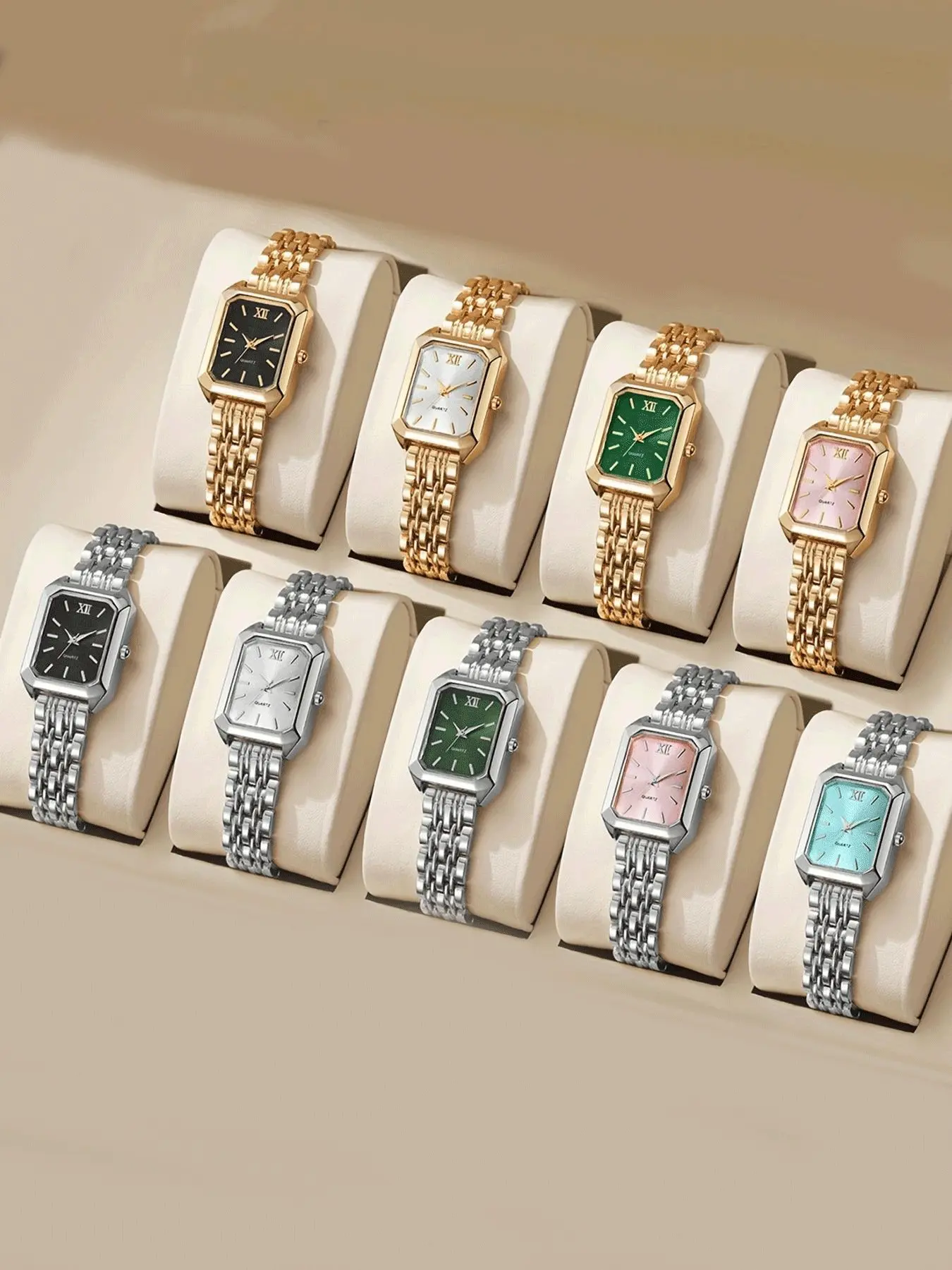 Ladies' Gift Watch Set: Jewelry Watch Set Fashionable Wristwatch Set Classic Fashion Watches Simple Square Dial Quartz Watch Combination 9-Piece Set (Excluding Watch Box)