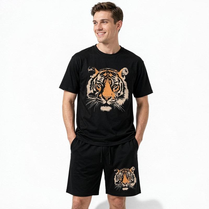 Men's 2-Piece Relaxed Oversized Crew Neck Short-Sleeve T-Shirt and Shorts Set, Polyester Tiger Head Graphic Streetwear Menswear