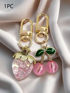 Strawberry and cherry combination keychain, transparent epoxy fruit pendant, gold buckle bag pendant, gold buckle is small, exquisite and cute, fresh cherry strawberry keychain pendant   bag car pendant, Fashionable Alloy Keychain