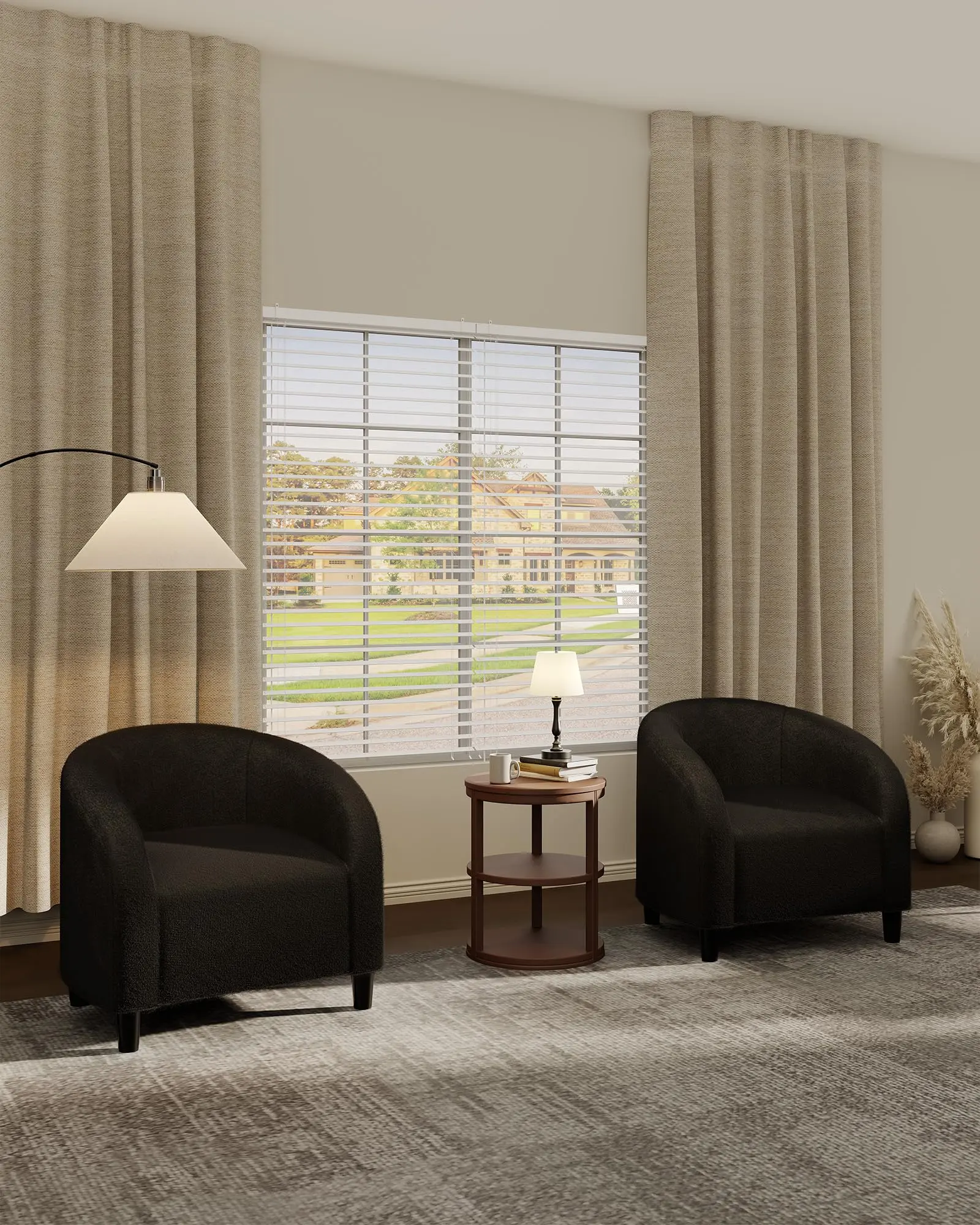 Sherpa Accent Chair Set of 2 Living Room Chairs Barrel Boucle Chairs Comfy Armchairs for Bedroom Reading Room (Black)