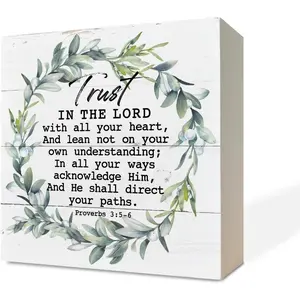 X-SO06 Christian Sign, Scripture Decor, Wooden Box Sign Desk Decor, Rustic Wood Table Sign, Rustic Farmhouse Home Decor, Gift for Christian Family Friends, Trust in the Lord with All Your Heart Sign Decoration Decorative