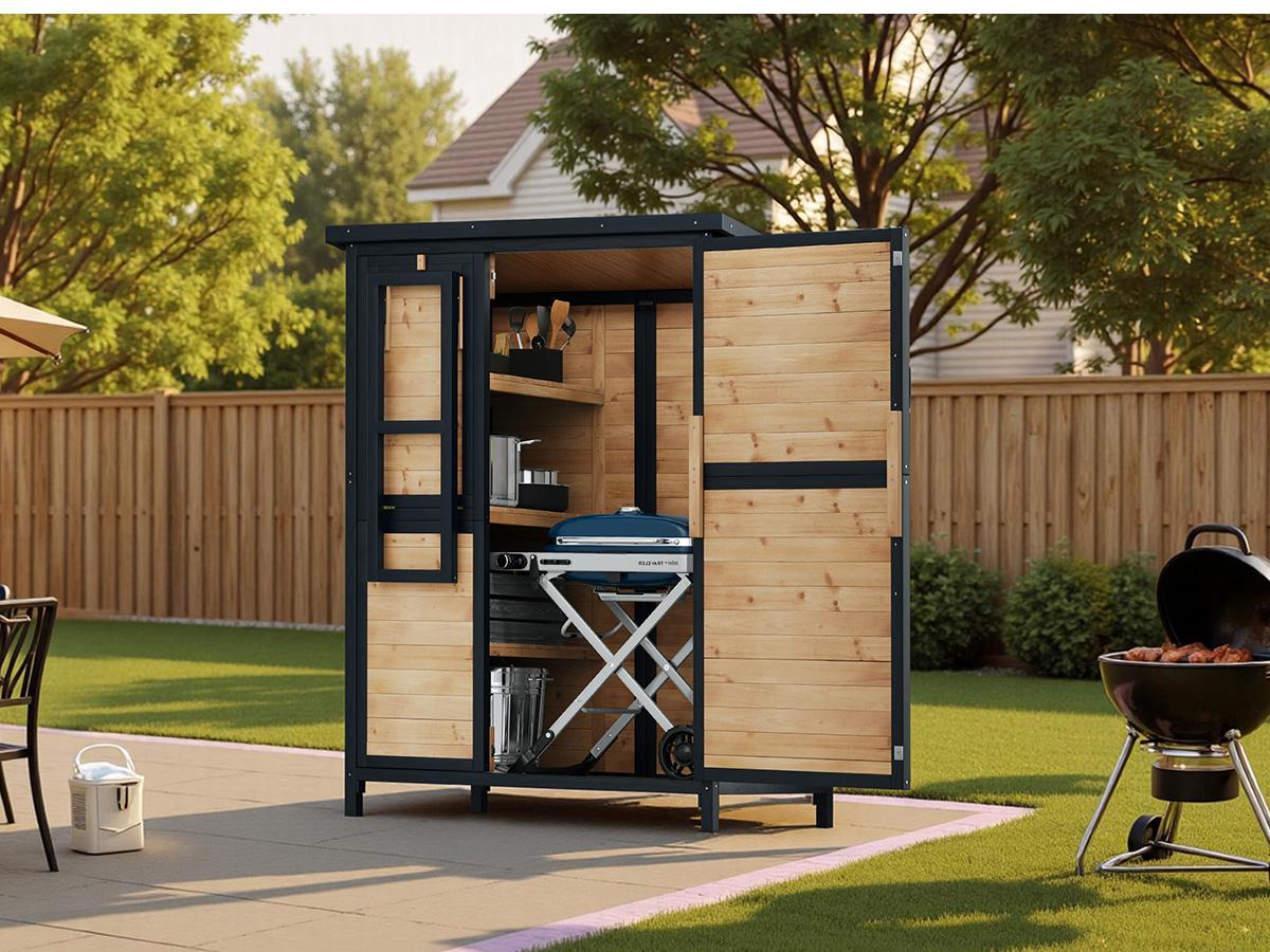 AMERLIFE Solid Fir Wood Outdoor Storage Shed, Garden Tool Shed with Foldable Workbench, Adjustable Shelves, Sloping Roof, Weatherproof Utility Cabinet for Backyard, Patio, Lawn, Poolside