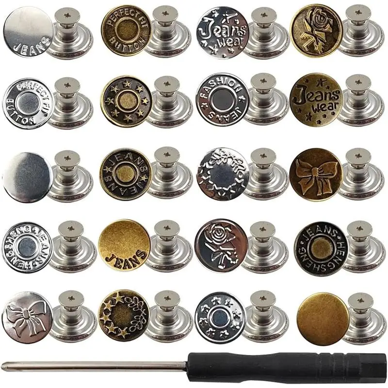 50 Count 17 mm Denim Button Replacements with Metal Buttons for Loose Jeans, No-Sew Tightener