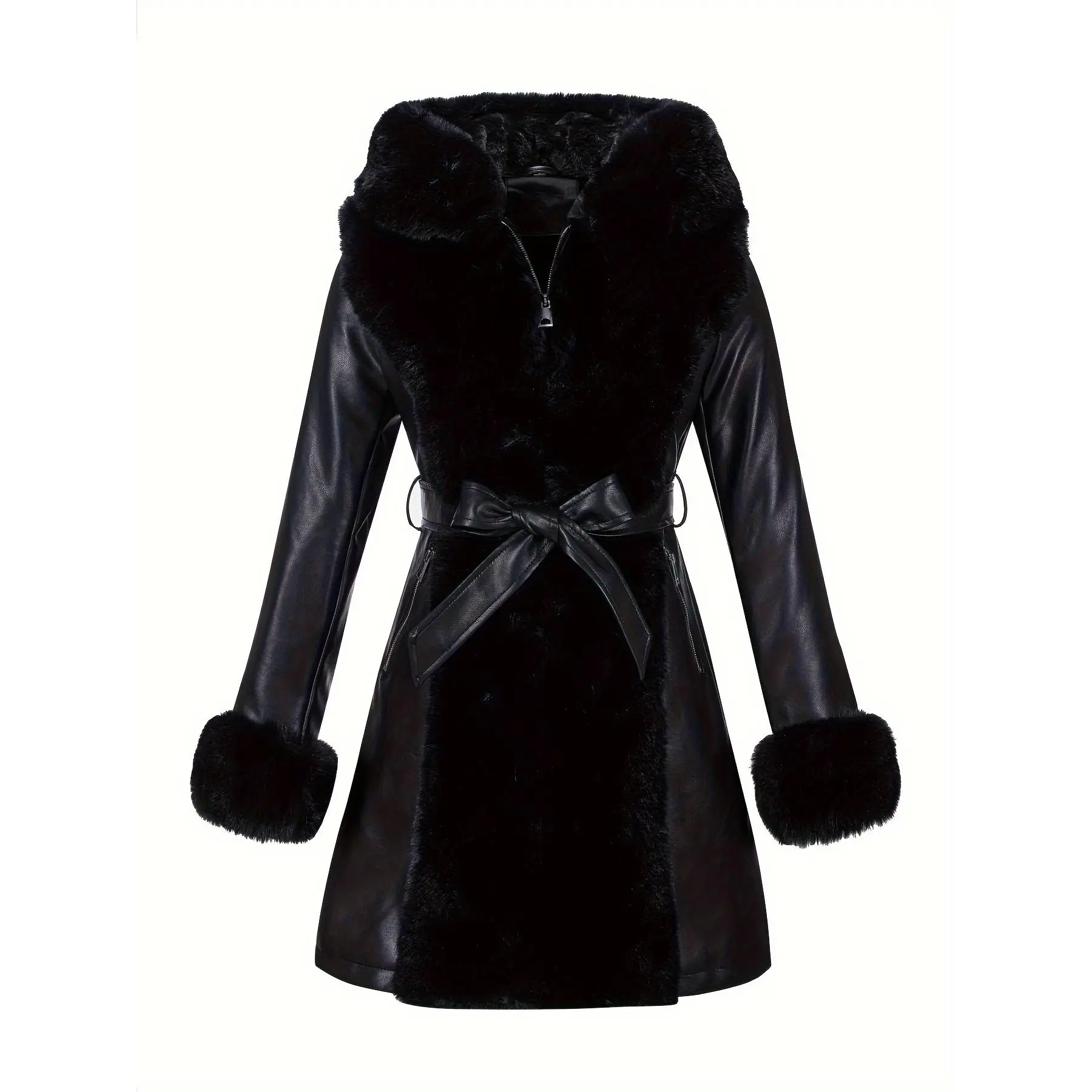 Women's Chic Solid PU Leather Belted Winter Coat - Faux Fur Hood, Woven Viscose-Polyester Fabric, Elegant Outerwear Top, Standard Sizes, Do Not Wash