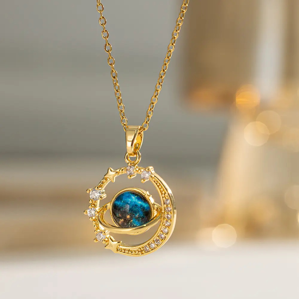 Star Moon Necklace for Women,Super Sparkly,Polynesian style necklace,Elegant Moon & Planet Design Pendant Necklace,Delicate Zircon Stone Collarbone Chain,Stainless Steel Jewelry for Daily Wear, Party,Birthday Gift,clavicular necklace,