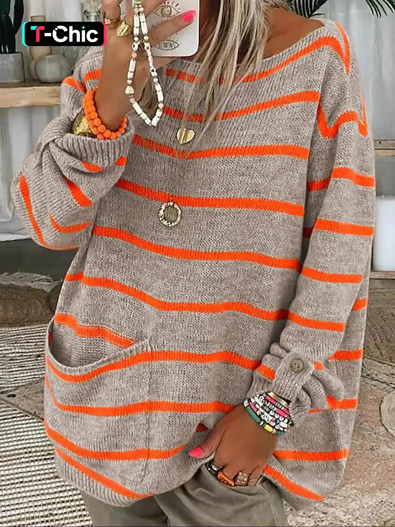 Women's Striped Print Drop Shoulder Pocket Knitting Sweater, Casual Long Sleeve Round Neck Jumper for Fall & Winter, Fashion Ladies' Knitwear for Daily Wear, Everyday Womenswear, Casual Pullover Tops