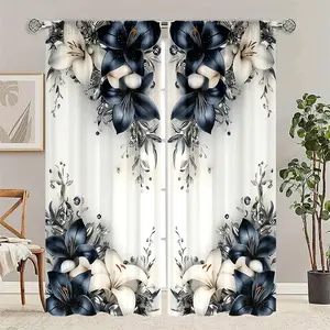 2 pieces - Blue and White Lily Print Pattern - Installed with pocket rods, digital printed curtains, suitable for living room, closet, bedroom, study, dining room, and home decoration.