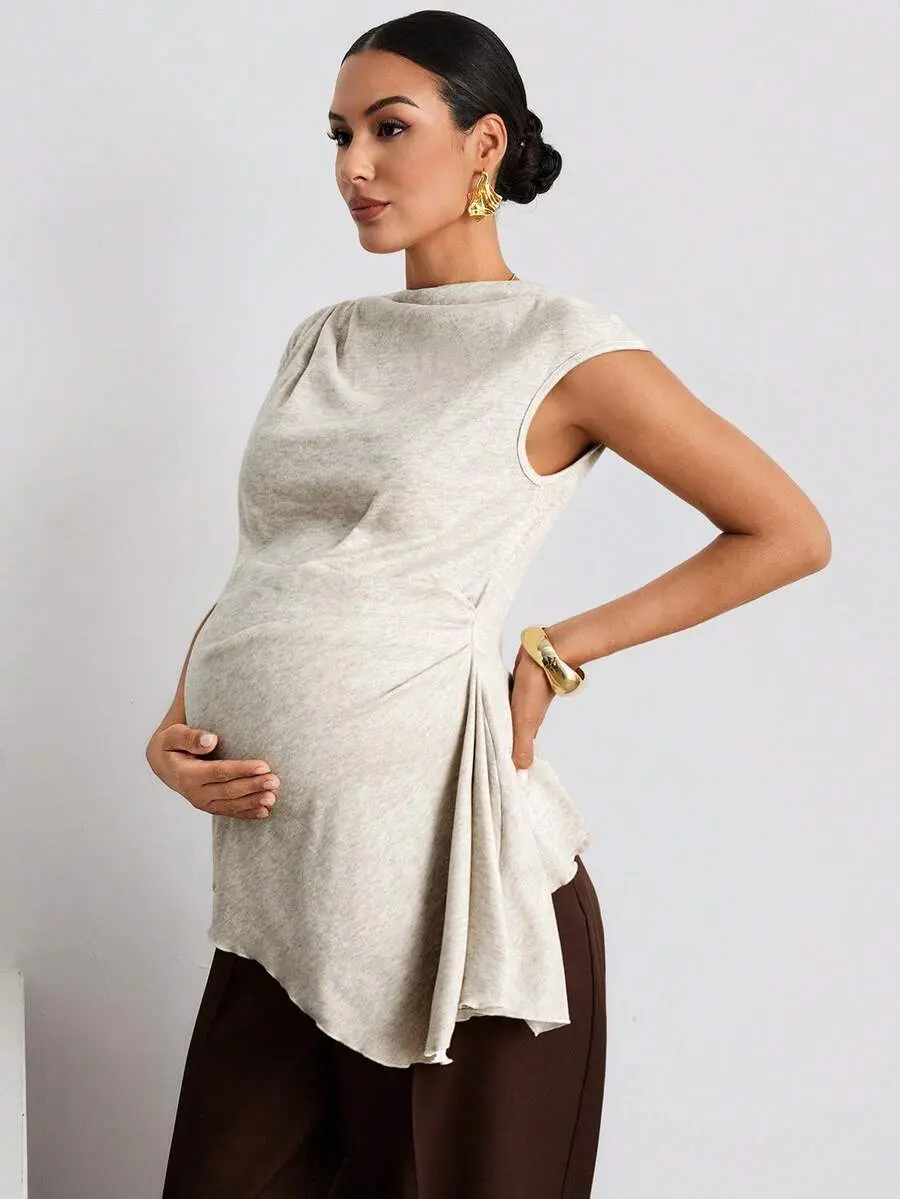 ROSY x Maternity Work Baby Shower Photoshoot Clothes,Maternity Tops,Business Casual Elegant Maternity Outfit,Casual Daily Commute Solid Color Pleated T-Shirt