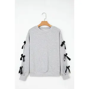 Bow Applique Drop Sleeve Round Neck Sweatshirt