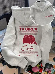 TV Girl French Exit Album Hoodie Sweatshirts, Light Gray Oversized Style, Red Statement Graphic & Lyrics Print, Comfortable Unisex Pullover, Indie Aesthetic Everyday Casual Wear